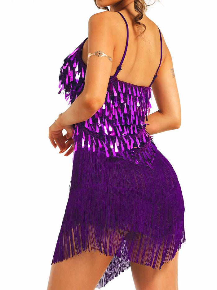 Purple Sequin Tassel Spaghetti Strap Dress