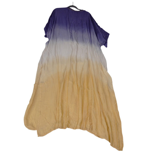 Purple Yellow Ombre Kaftan Maxi Dress V Neck Asymmetrical Hem Short Sleeve 38910
