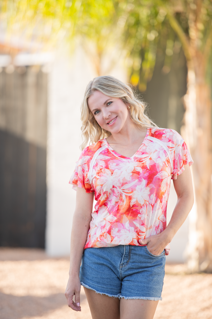 Raelynn V-Neck Top - Sunset Tropical Floral