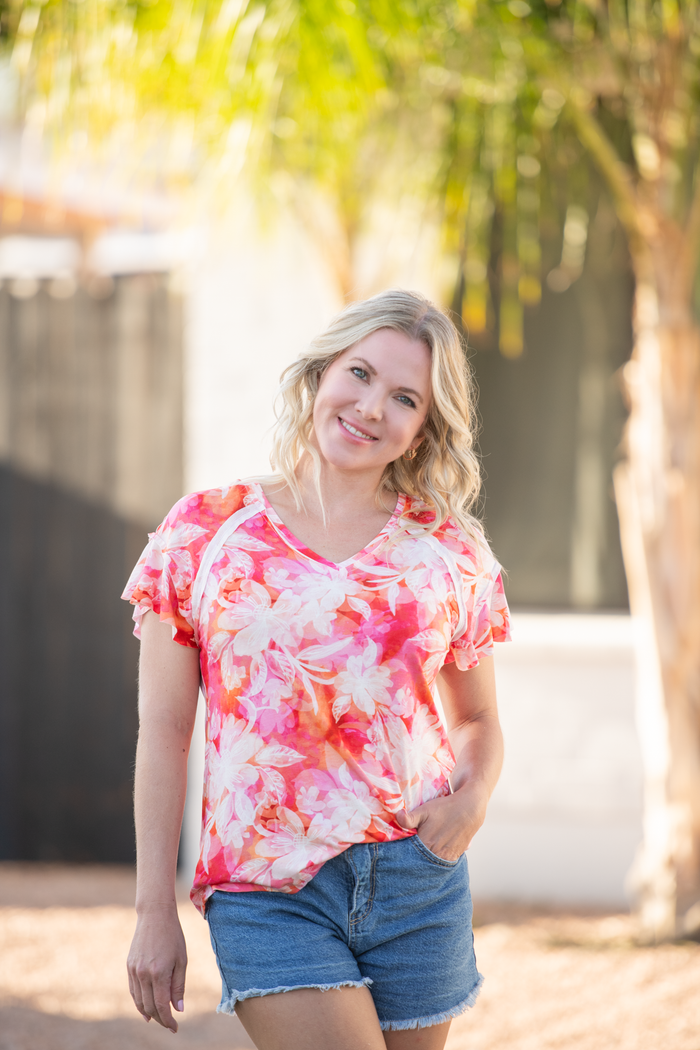 Raelynn V-Neck Top - Sunset Tropical Floral