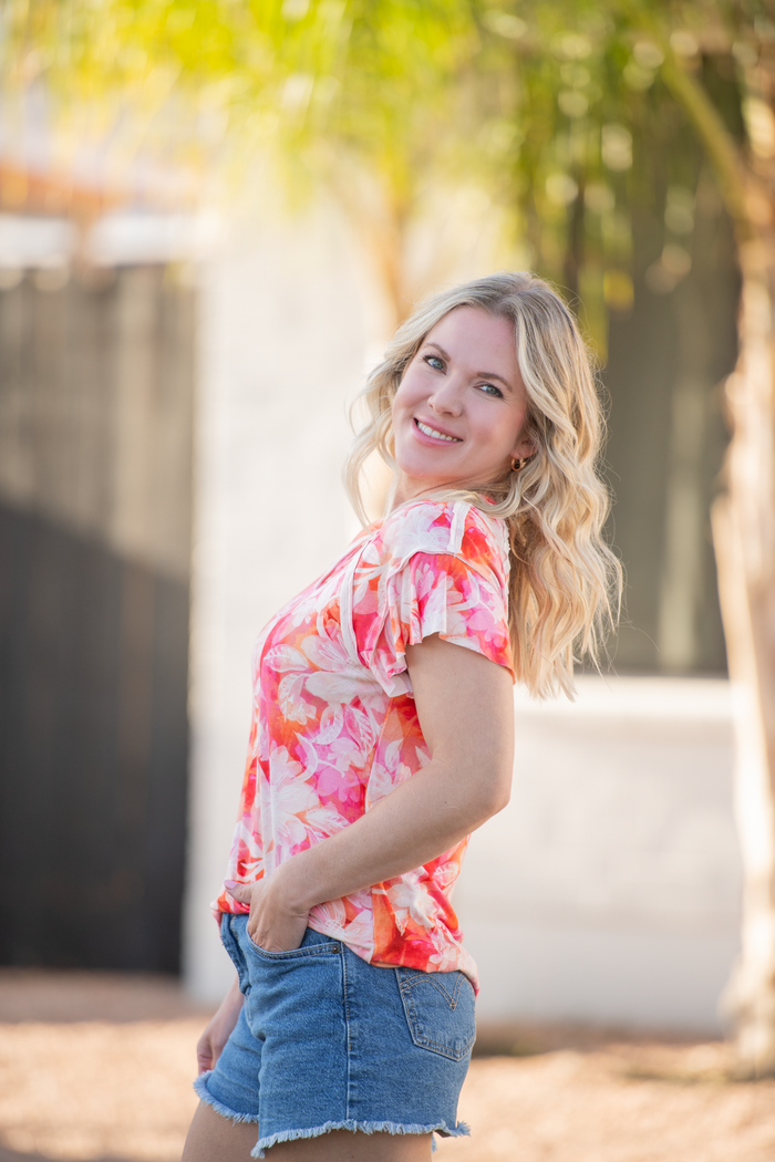 Raelynn V-Neck Top - Sunset Tropical Floral