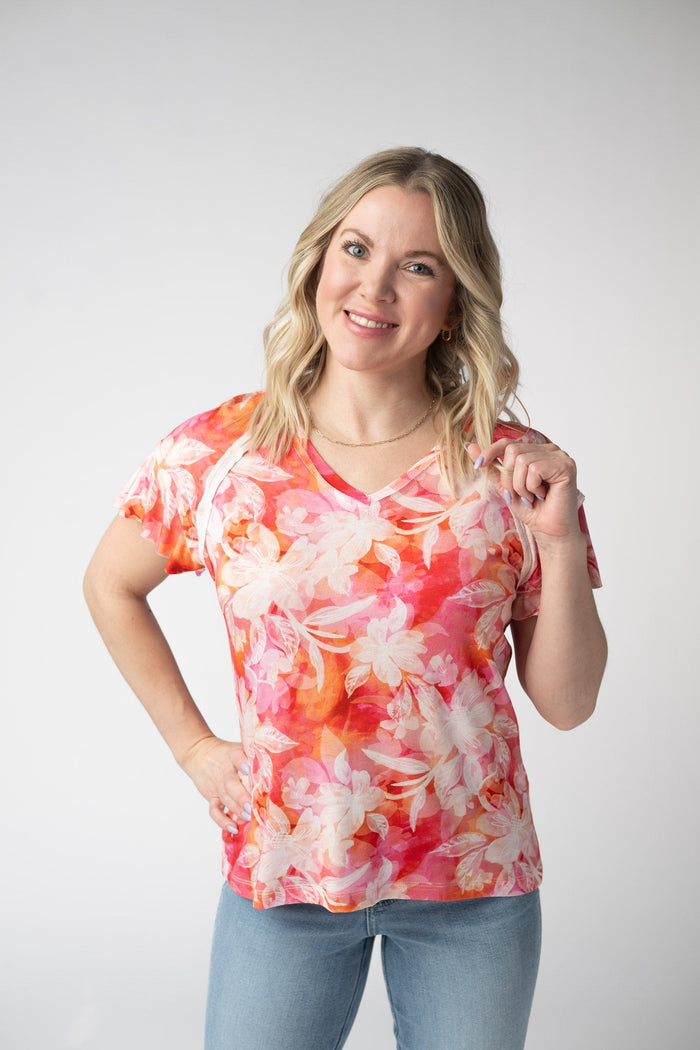 Raelynn V-Neck Top - Sunset Tropical Floral