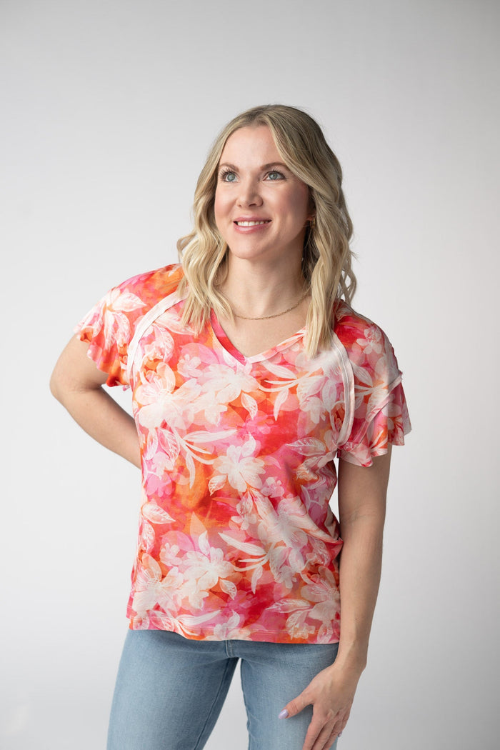 Raelynn V-Neck Top - Sunset Tropical Floral
