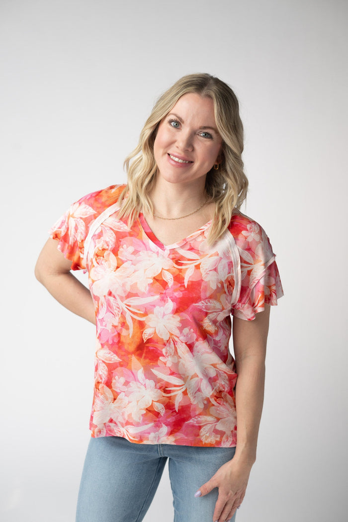 Raelynn V-Neck Top - Sunset Tropical Floral