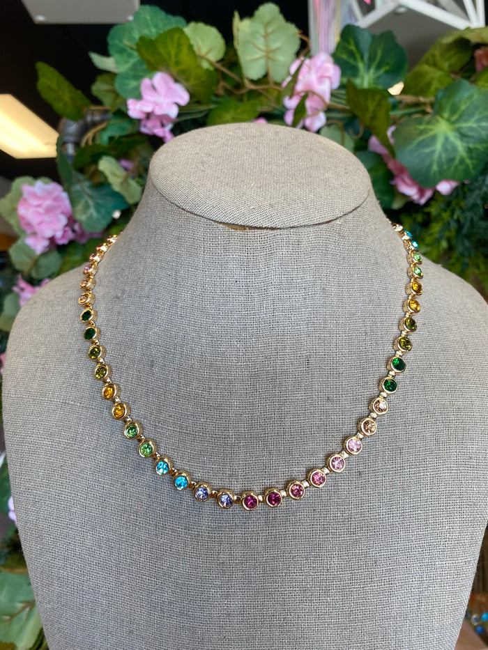 Rainbow Bezel-Set Gemstone Tennis Necklace