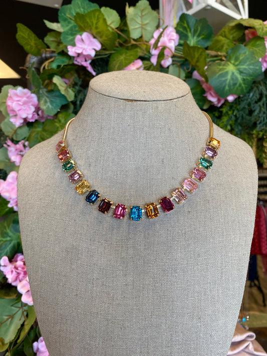 Rainbow Emerald-Cut Gemstone Statement Necklace