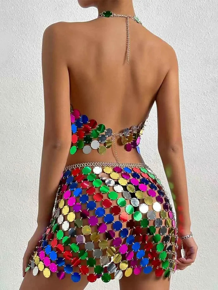 Rainbow Sequin Outfit - Mini Skirt + Disco Bra Top Set