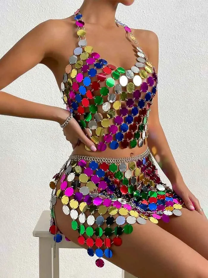 Rainbow Sequin Outfit - Mini Skirt + Disco Bra Top Set