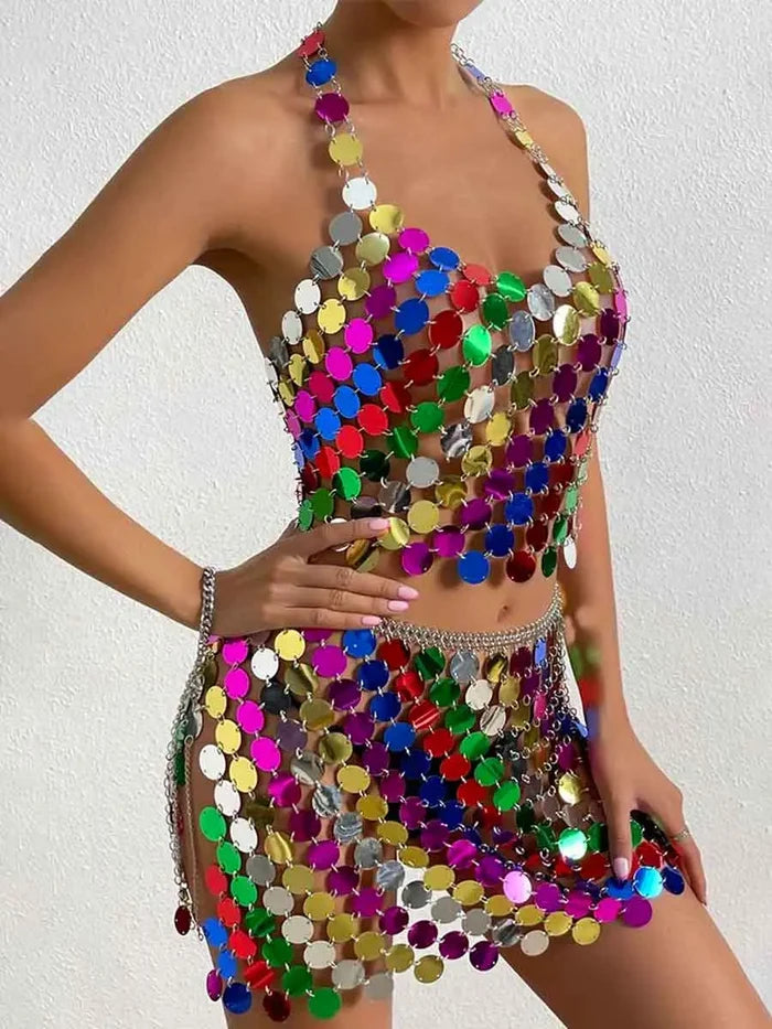 Rainbow Sequin Outfit - Mini Skirt + Disco Bra Top Set
