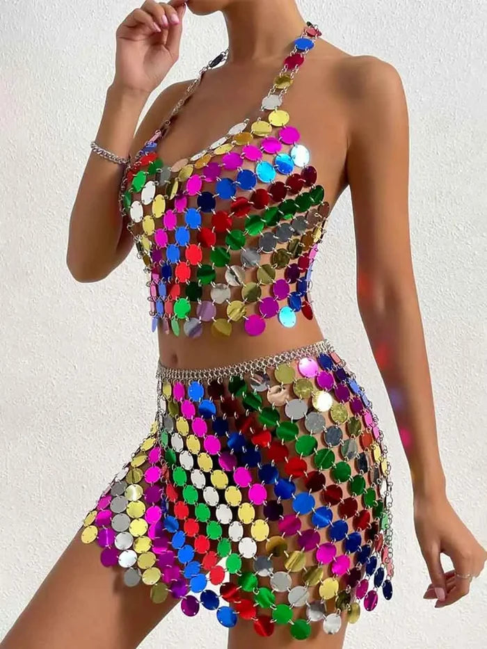 Rainbow Sequin Outfit - Mini Skirt + Disco Bra Top Set