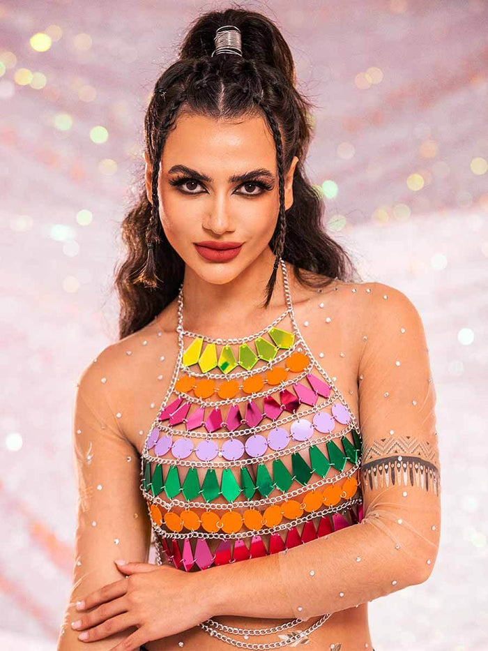 Rainbow Sequin Tank Top â€?Shiny Metallic Chain Vest Top