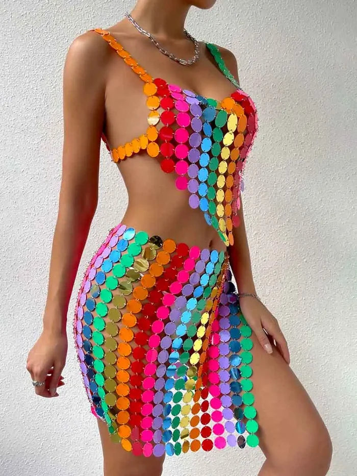 Rainbow Sequin Two Piece Set - Middle Skirt + Bra Top