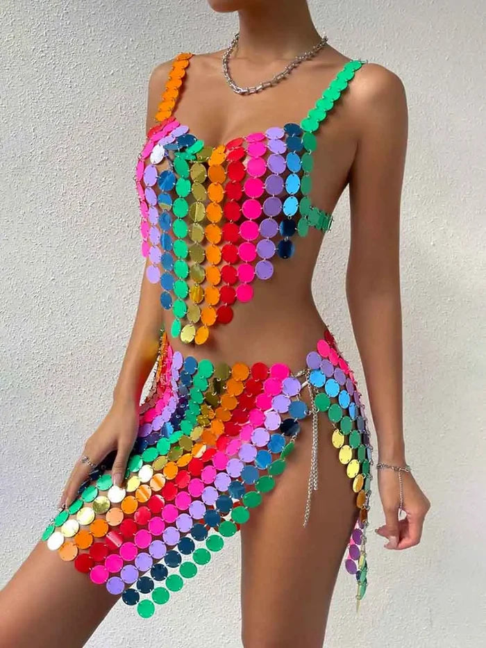 Rainbow Sequin Two Piece Set - Middle Skirt + Bra Top
