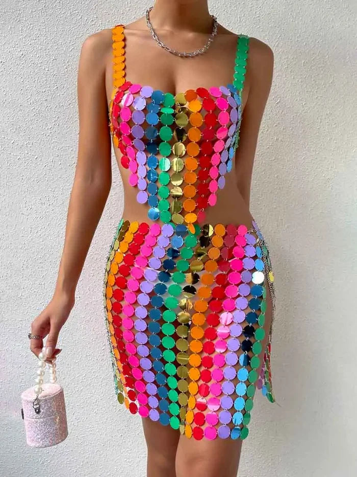 Rainbow Sequin Two Piece Set - Middle Skirt + Bra Top