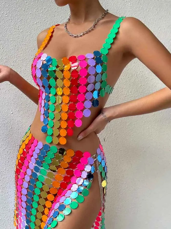 Rainbow Sequin Two Piece Set - Middle Skirt + Bra Top
