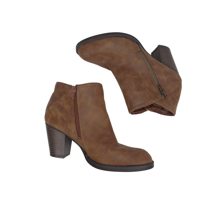 Rampage Womens Brown Faux Leather Block Heel Ankle Booties Almond Toe Zip 40550