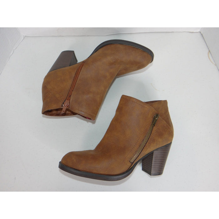 Rampage Womens Brown Faux Leather Block Heel Ankle Booties Almond Toe Zip 40551