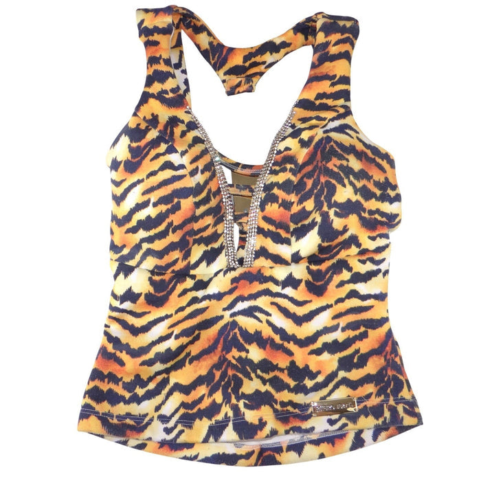 Rare Rhero Jeans Womens Tiger Print Tank Top Rhinestone Gold Hardware Racerback0