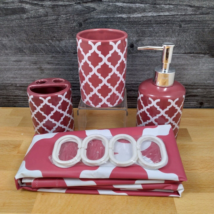 Raspberry Red Bathroom Set Toothbrush Holder Soap Dispenser Shower Curtain
