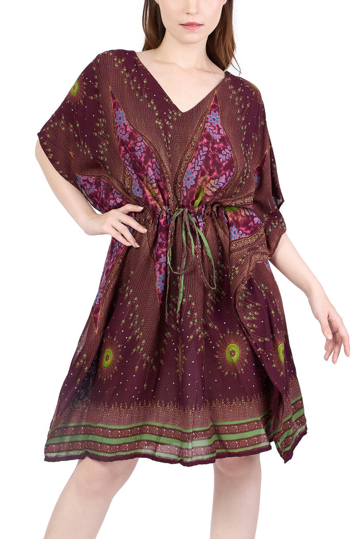 Rayon Boho Tops Dress Kimono - Burgundy Flower Eye - Lannaclothesdesign Shop