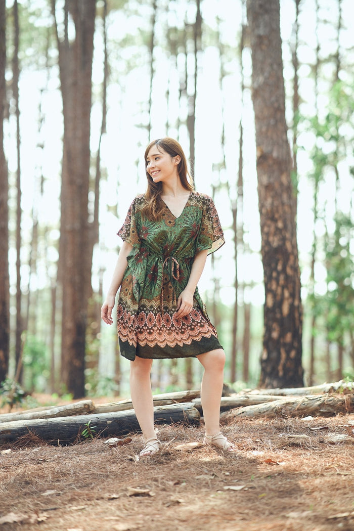 Rayon Boho Tops Dress Kimono - Green Flower Mandala - Lannaclothesdesign Shop