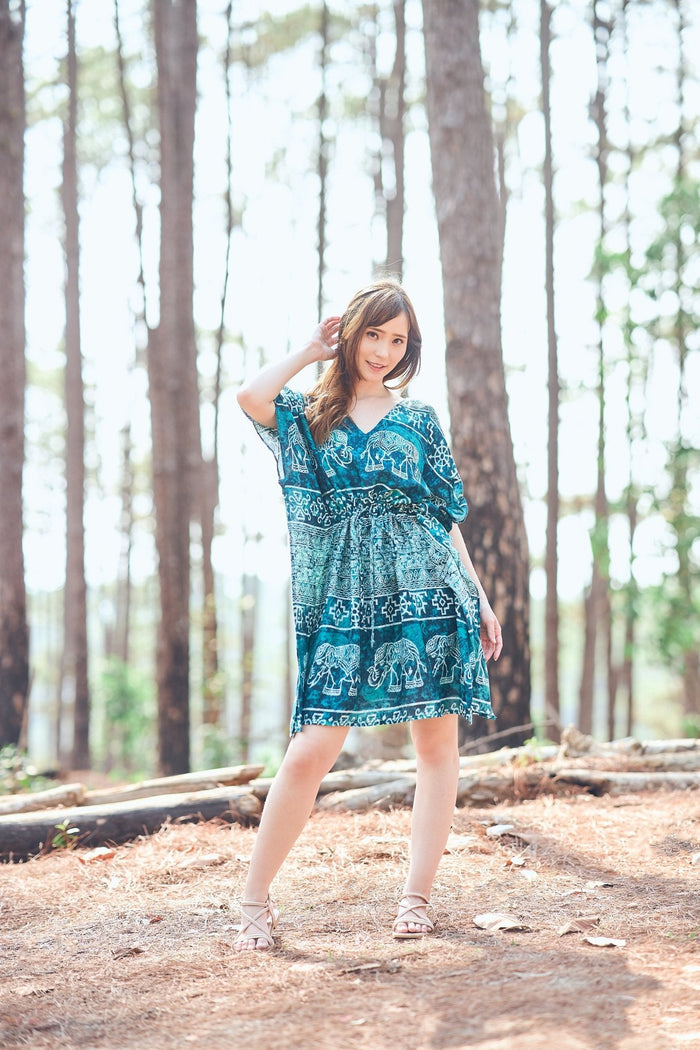 Rayon Boho Tops Dress Kimono - Teal Elephant - Lannaclothesdesign Shop