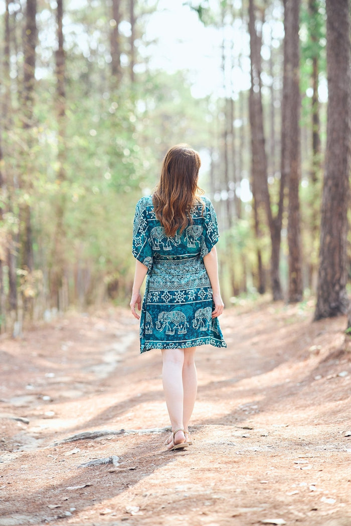Rayon Boho Tops Dress Kimono - Teal Elephant - Lannaclothesdesign Shop