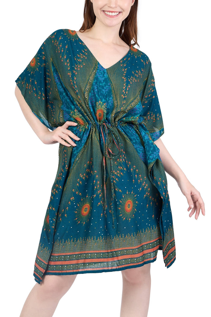 Rayon Boho Tops Dress Kimono - Teal Flower Eye - Lannaclothesdesign Shop