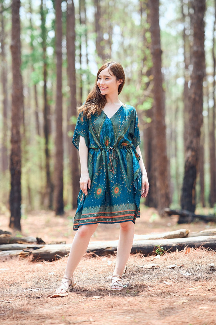 Rayon Boho Tops Dress Kimono - Teal Flower Eye - Lannaclothesdesign Shop