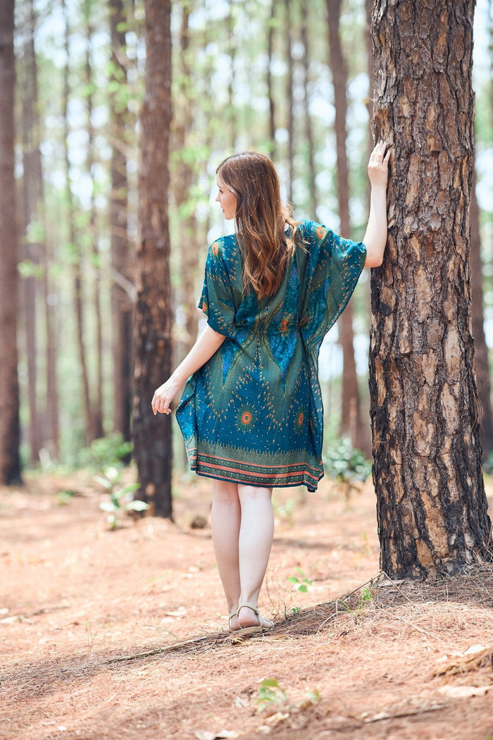Rayon Boho Tops Dress Kimono - Teal Flower Eye - Lannaclothesdesign Shop