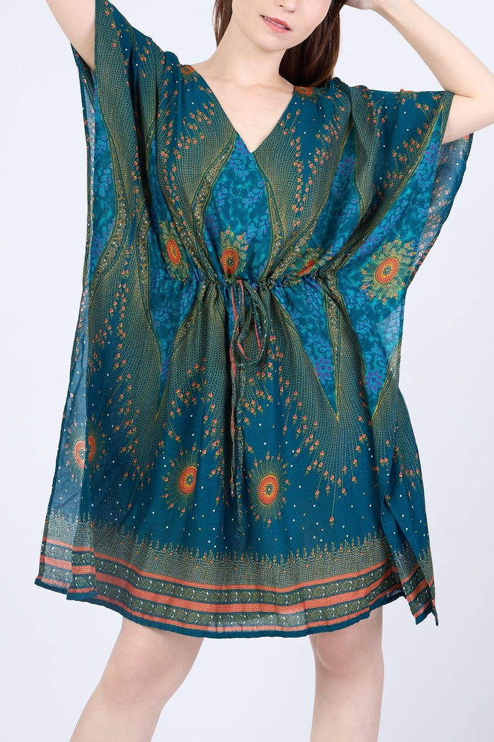 Rayon Boho Tops Dress Kimono - Teal Flower Eye - Lannaclothesdesign Shop