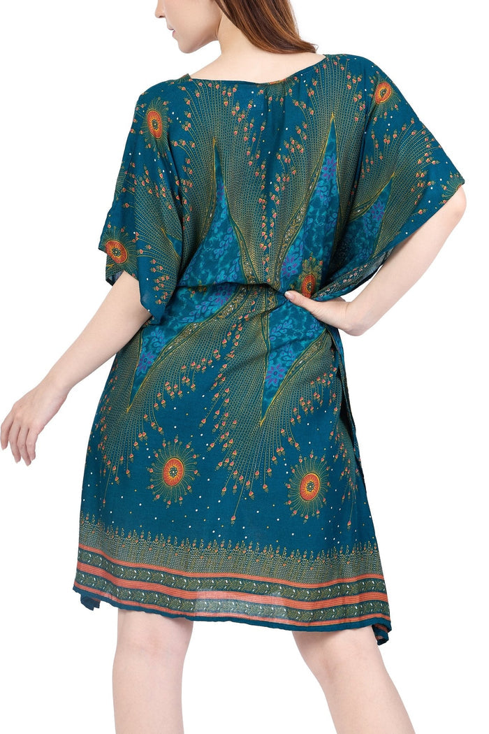 Rayon Boho Tops Dress Kimono - Teal Flower Eye - Lannaclothesdesign Shop