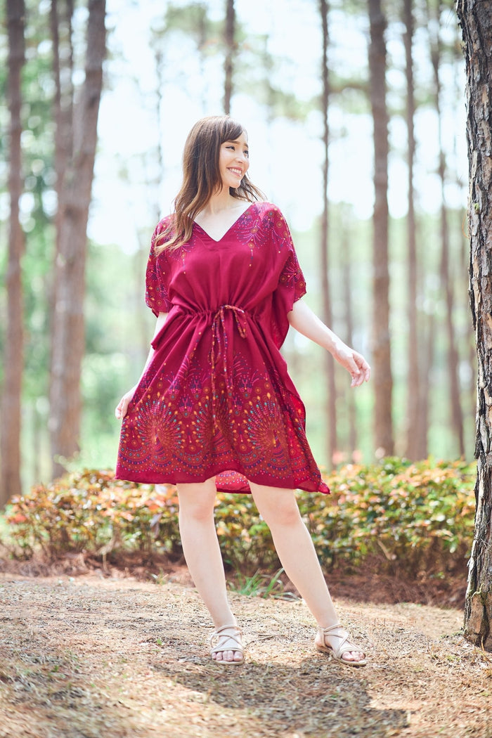 Rayon Boho Tops for Women One Size - Kimono - Burgundy - Lannaclothesdesign Shop