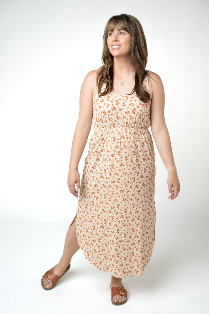 Reagan Ribbed Midi Dress - Sand and Rust Floral