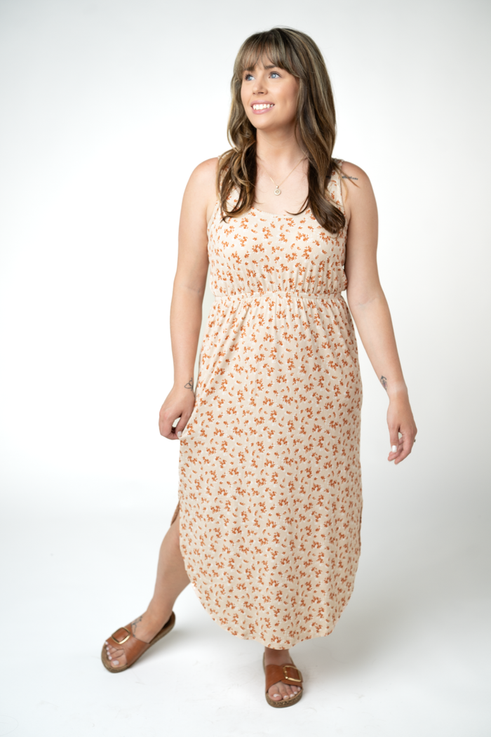 Reagan Ribbed Midi Dress - Sand and Rust Floral