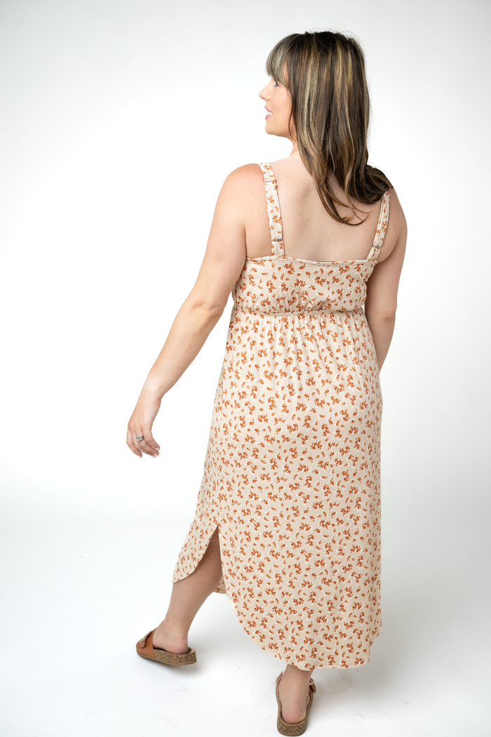 Reagan Ribbed Midi Dress - Sand and Rust Floral