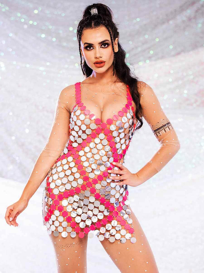 Red Embedded Silver Sequin Mini Dress - Summer Skirts