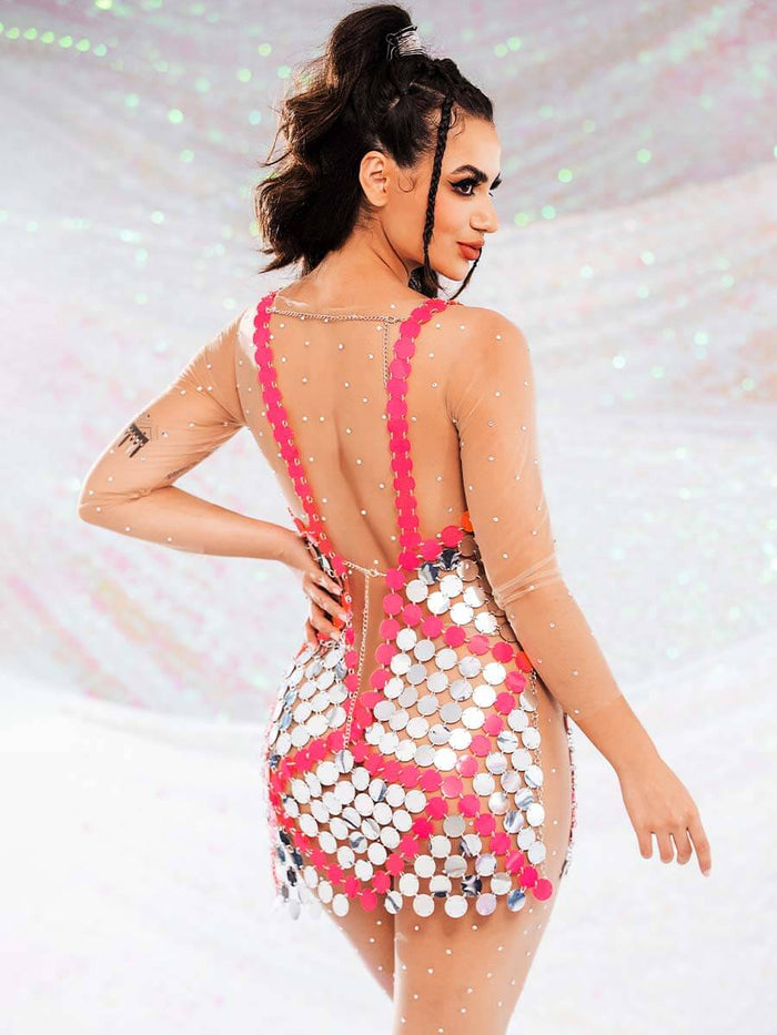 Red Embedded Silver Sequin Mini Dress - Summer Skirts