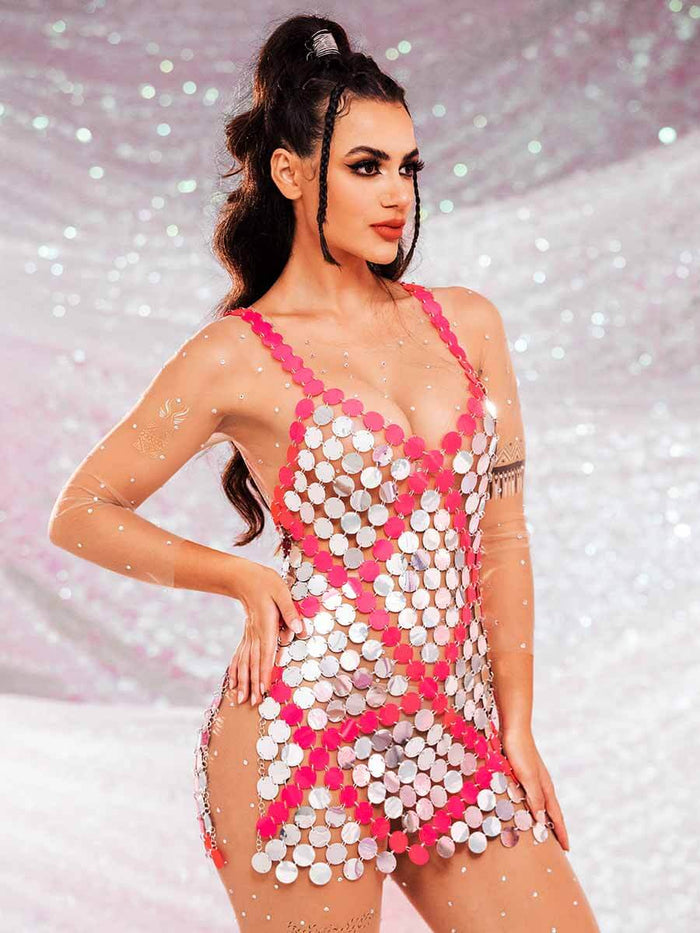 Red Embedded Silver Sequin Mini Dress - Summer Skirts