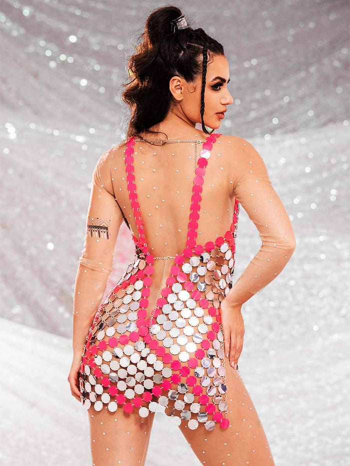 Red Embedded Silver Sequin Mini Dress - Summer Skirts