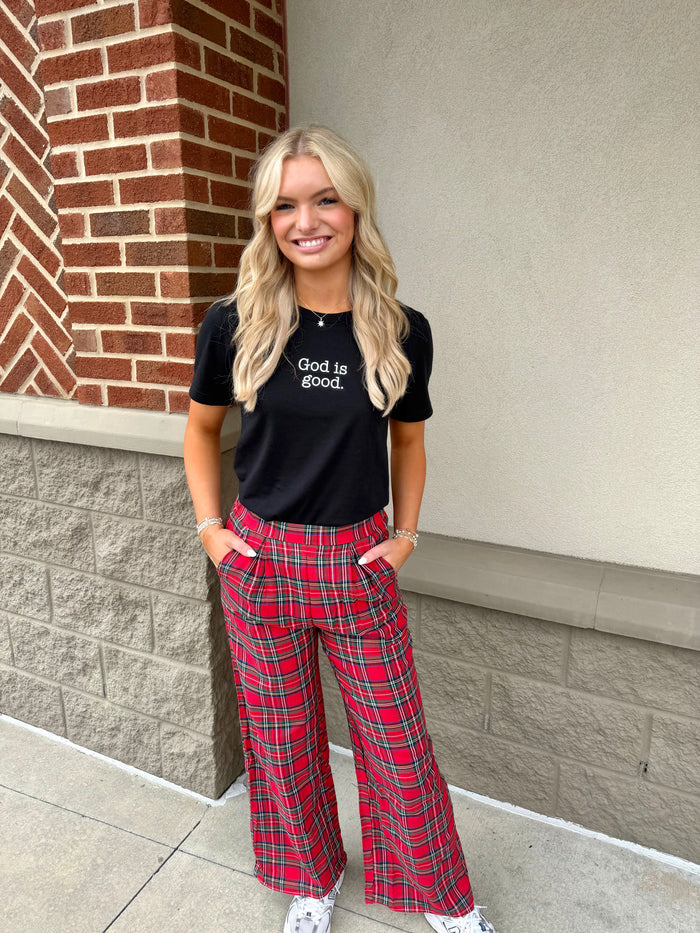 Red Festive Plaid Wide Leg Pull On Pants