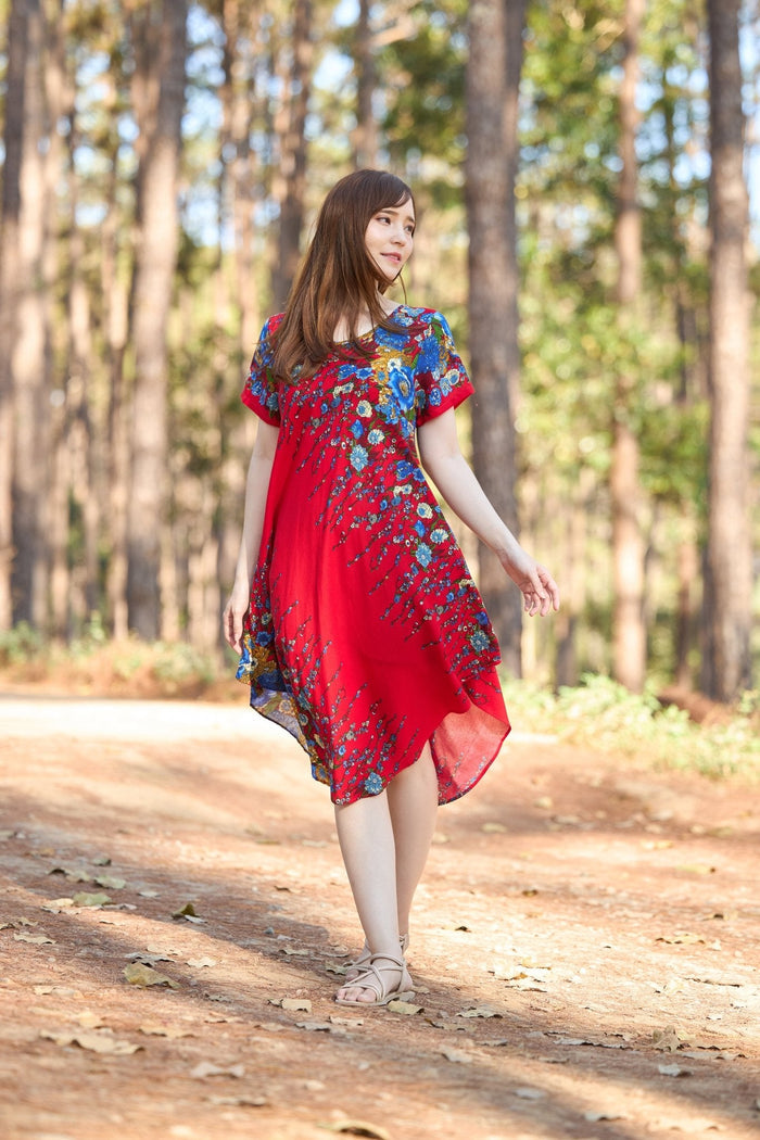 Red Flower fabric Dress with Sleeves and Two Pockets - Lannaclothesdesign Shop