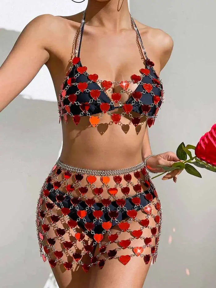 Red Heart Sequin Bra & Mini Skirt Set