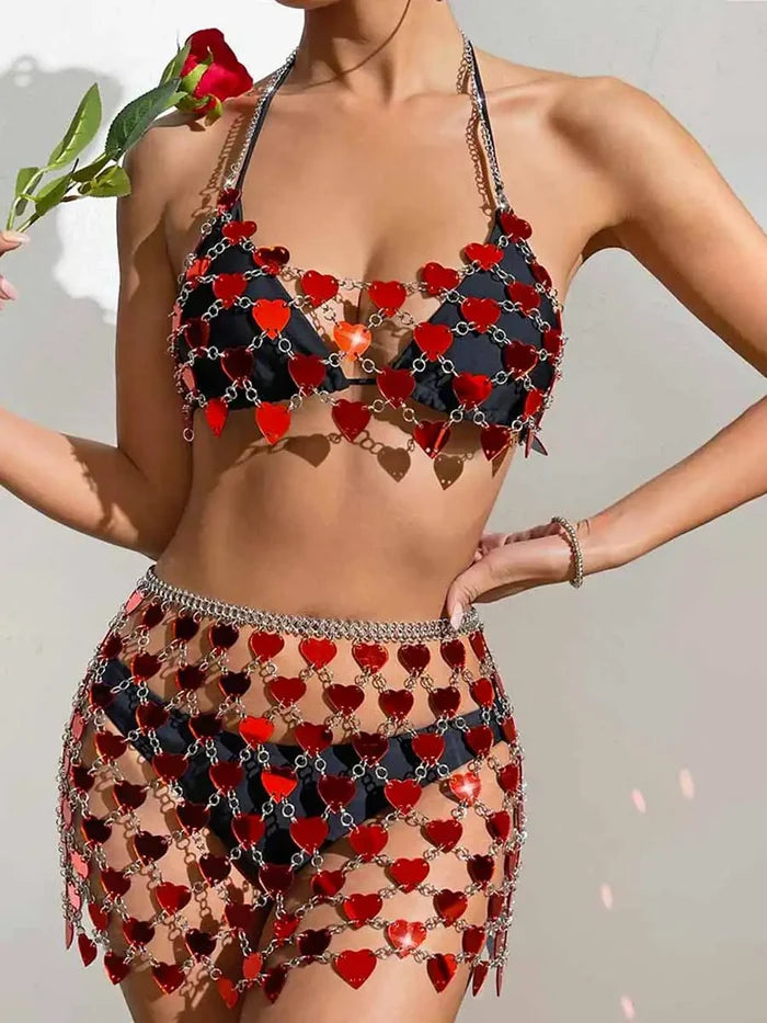 Red Heart Sequin Bra & Mini Skirt Set