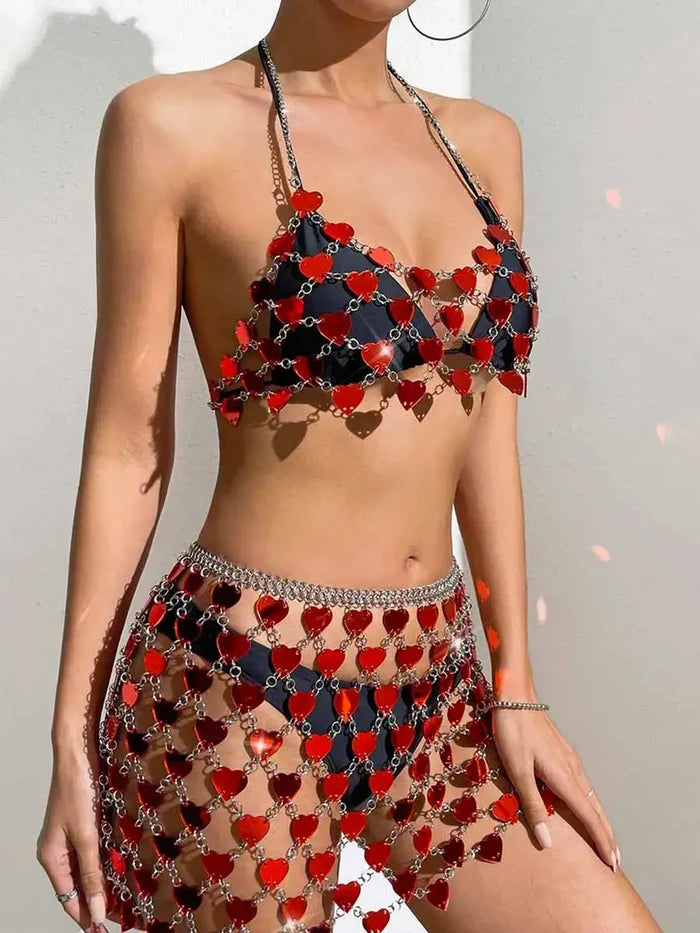 Red Heart Sequin Bra & Mini Skirt Set