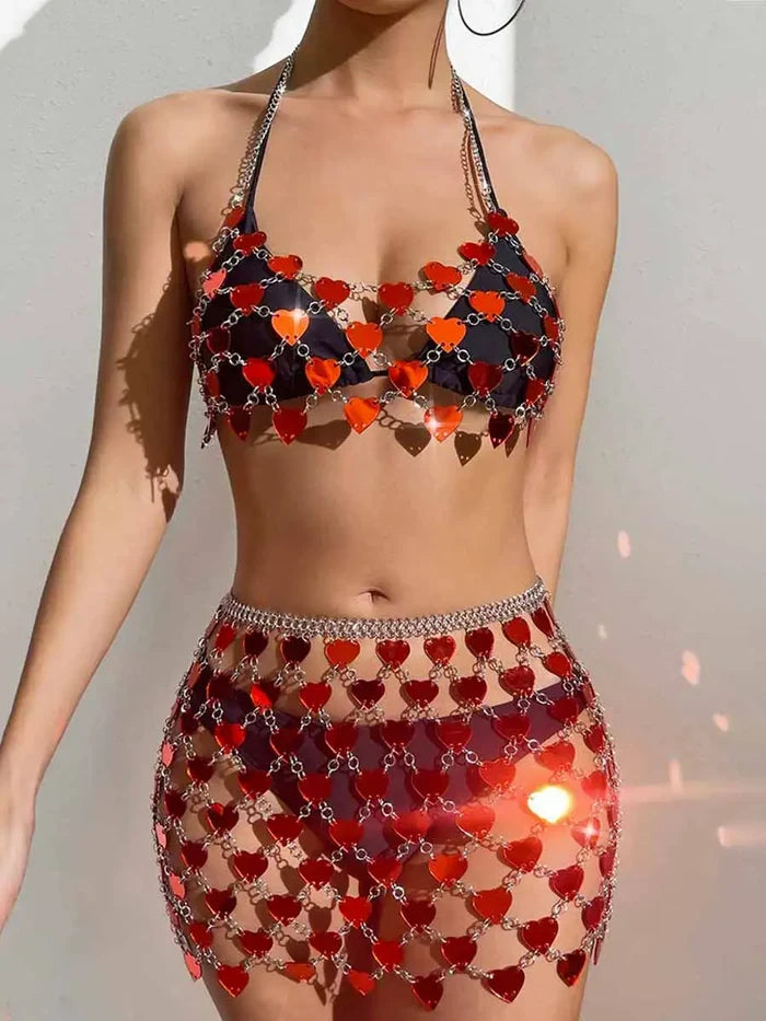 Red Heart Sequin Bra & Mini Skirt Set