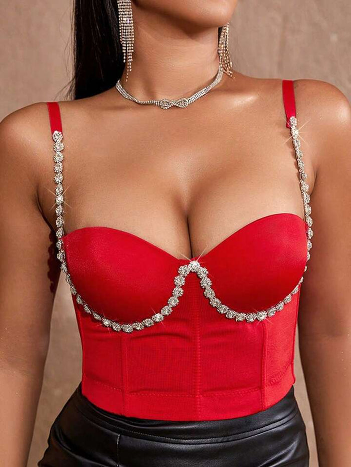 Red Rhinestone Bra - Sparkly Crop Top For Clubs, Bars