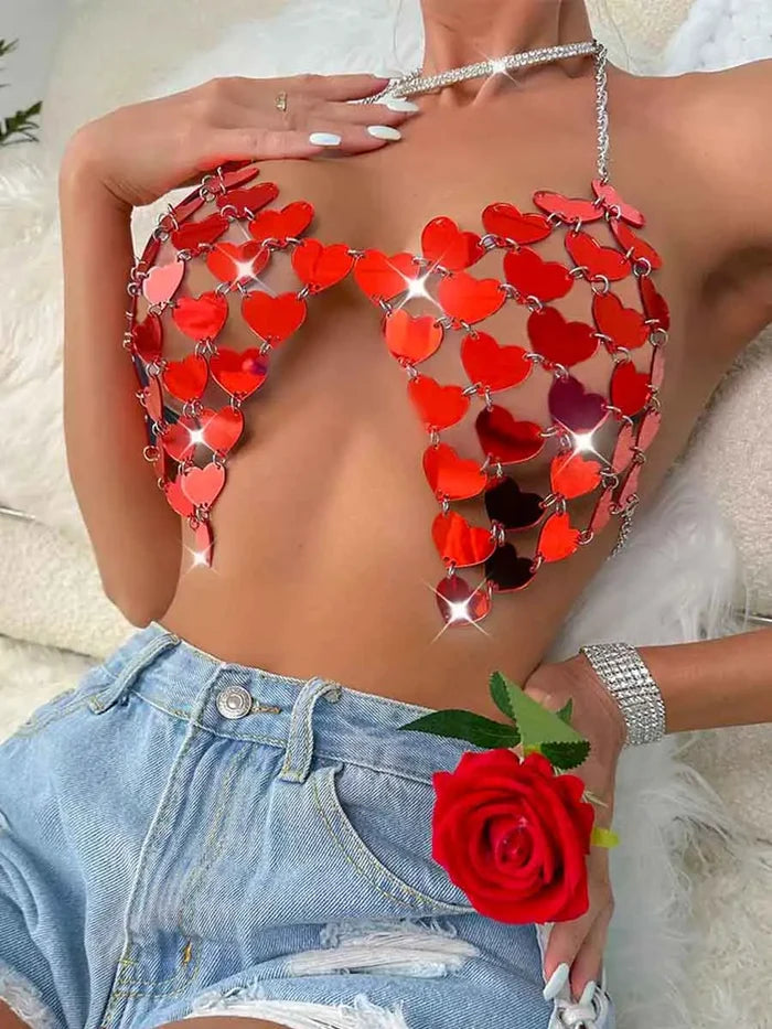 Red Sequin Bra - Heart Sequin Bralette Backless Top