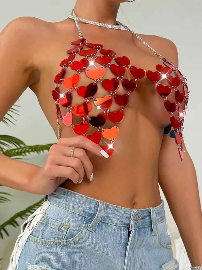 Red Sequin Bra - Heart Sequin Bralette Backless Top