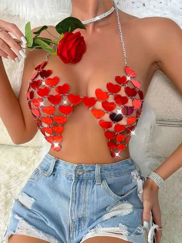 Red Sequin Bra - Heart Sequin Bralette Backless Top
